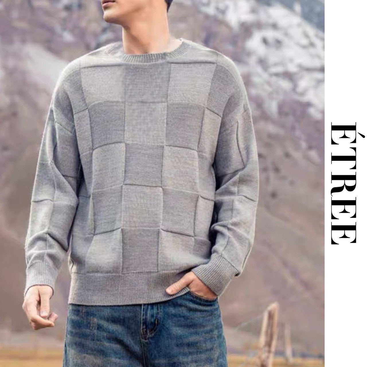 ブラックレーベル　ブロックチェック柄ニットセーター　M グレーベージュ系 BLACK LABEL CRESTBRIDGE（ブラックレーベル・クレストブリッジ